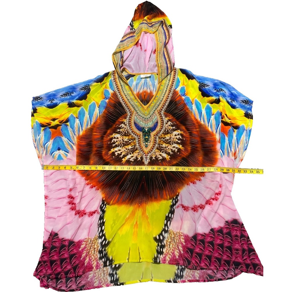 CAMILLA Beaded Hooded Silk Kaftan Tunic Top Silk Boho Luxe Vibrant Color $850 - Picture 5 of 8